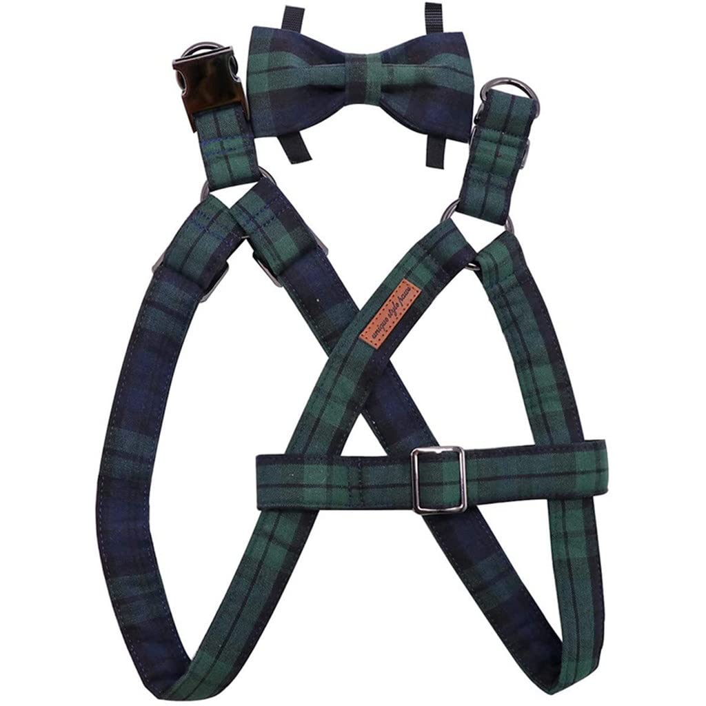 Cotton Green Plaid Dog Harness with Bowtie and Basic Leash Adjustable Buckle Pet Supplies(X-Small)