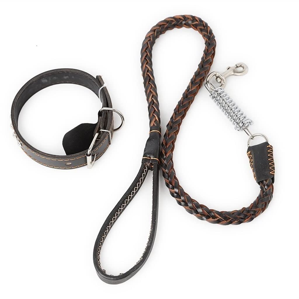 Braided Leather Dog Collar Leash Set for Medium Large Soft Buffer Spring Bulldog Pet Supplies(Small)