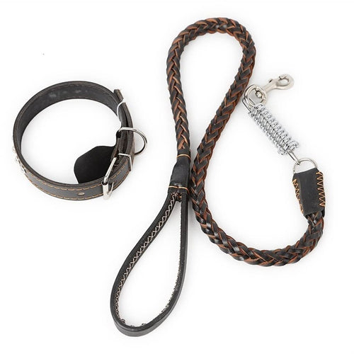 Braided Leather Dog Collar Leash Set for Medium Large Soft Buffer Spring Bulldog Pet Supplies(Small)
