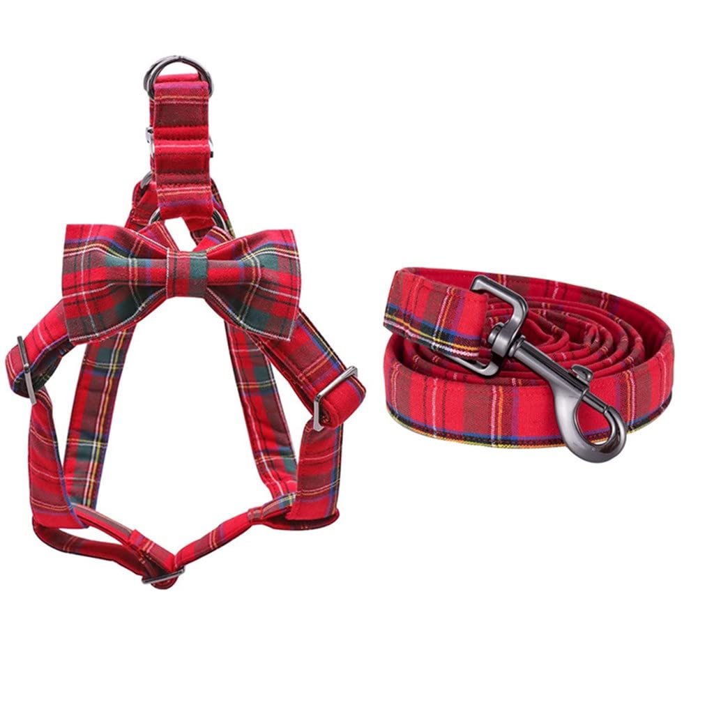 Cotton Red Plaid Christmas Dog Harness with Bowtie and Basic Leash Adjustable Buckle Pet Supplies