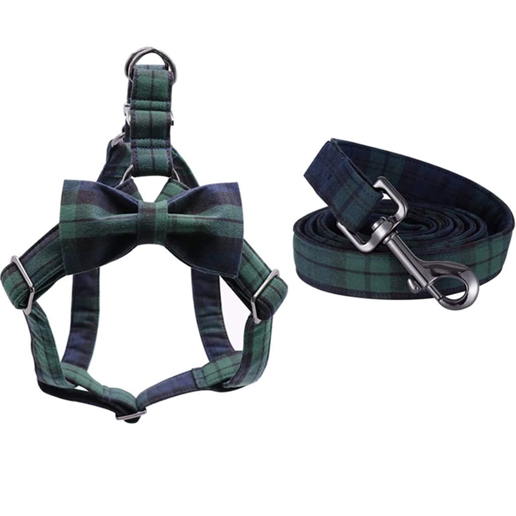 Cotton Green Plaid Dog Harness with Bowtie and Basic Leash Adjustable Buckle Pet Supplies