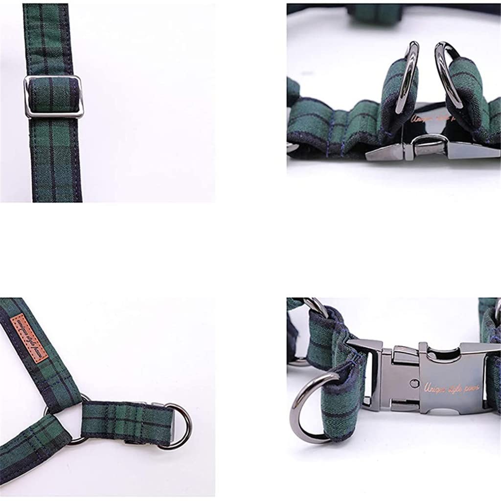 Cotton Green Plaid Dog Harness with Bowtie and Basic Leash Adjustable Buckle Pet Supplies