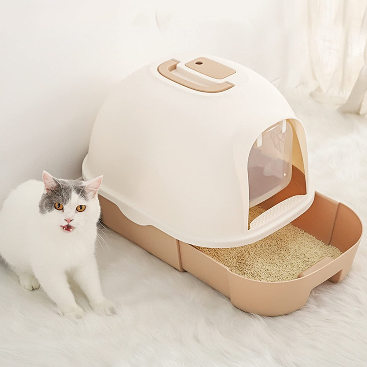 Pet Toilet PottyDome Drawer Design Litter Box with Scoop Enclosed Large Kitty Litter Box Anti-Splashing Cat Supplies Pet Pan (Brown)
