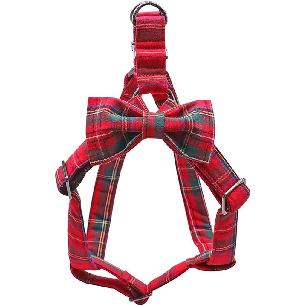 Cotton Red Plaid Christmas Dog Harness with Bowtie and Basic Leash Adjustable Buckle Pet Supplies