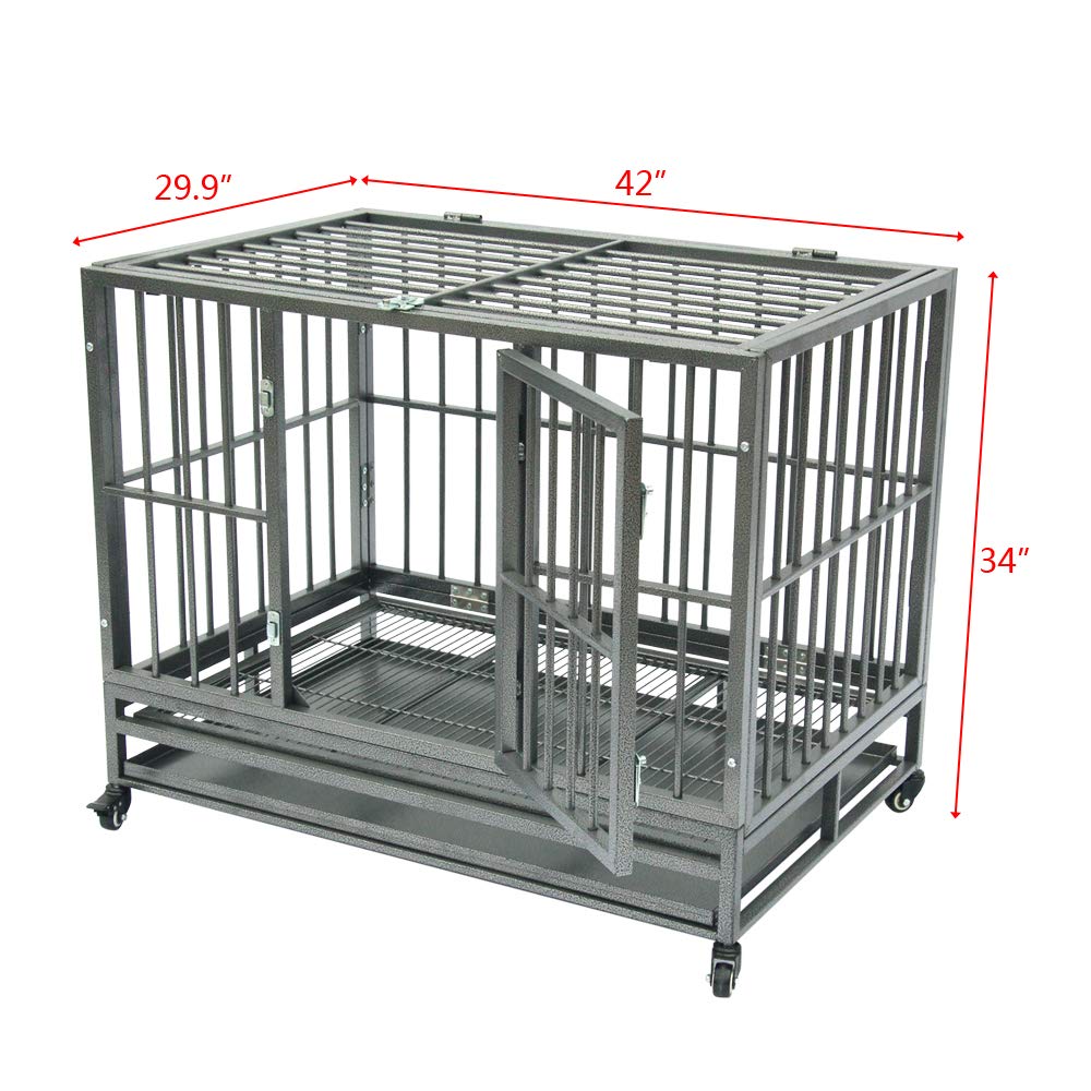 42 Inch Dog Crate, Folding Metal Pet Crate with Wheels, Double-Door Pets Homes with Double Latch, Kennel with Divider Panel, Square Tube Dog Crate Animal Cage, for Training Pet Supplies, Gray
