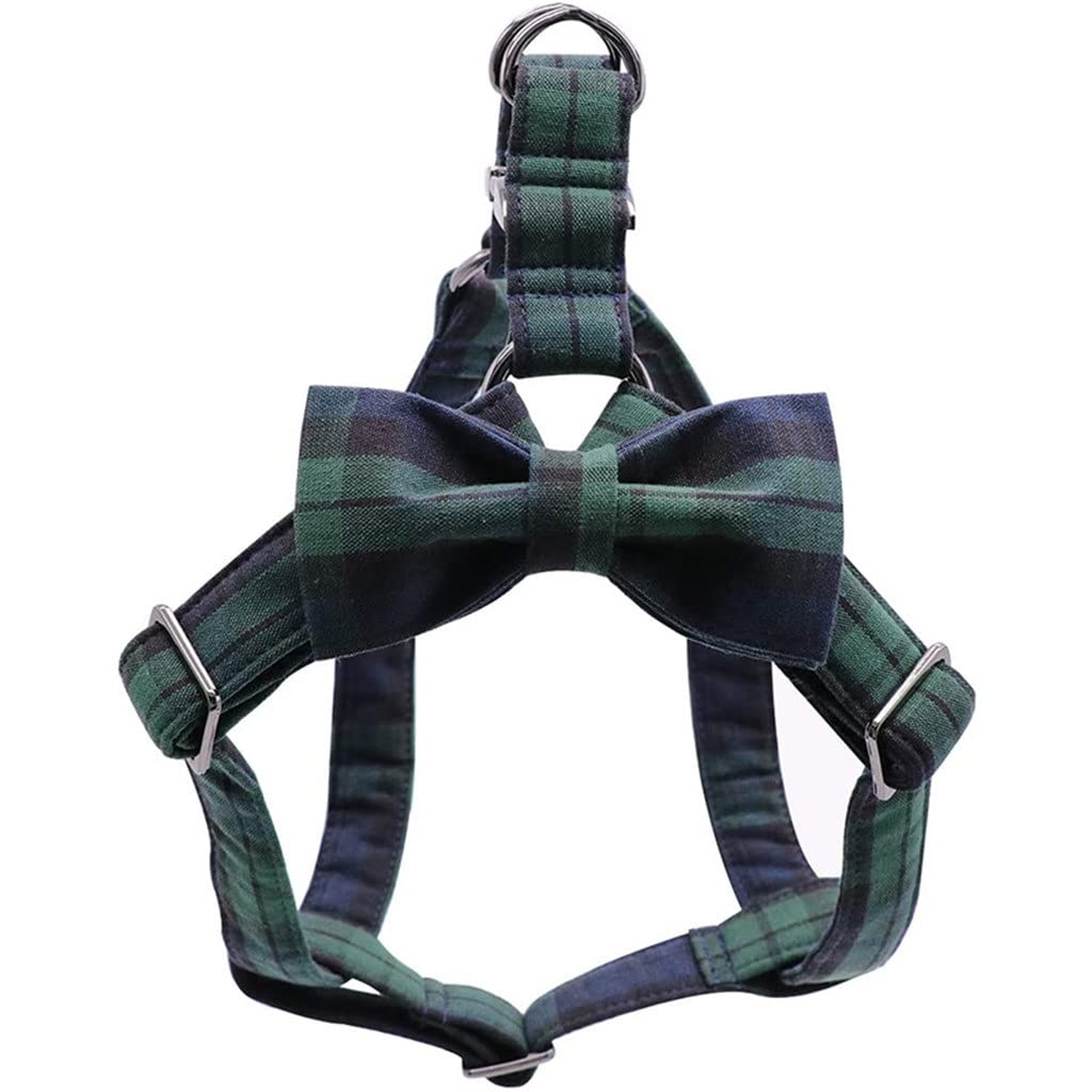 Cotton Green Plaid Dog Harness with Bowtie and Basic Leash Adjustable Buckle Pet Supplies(Small)