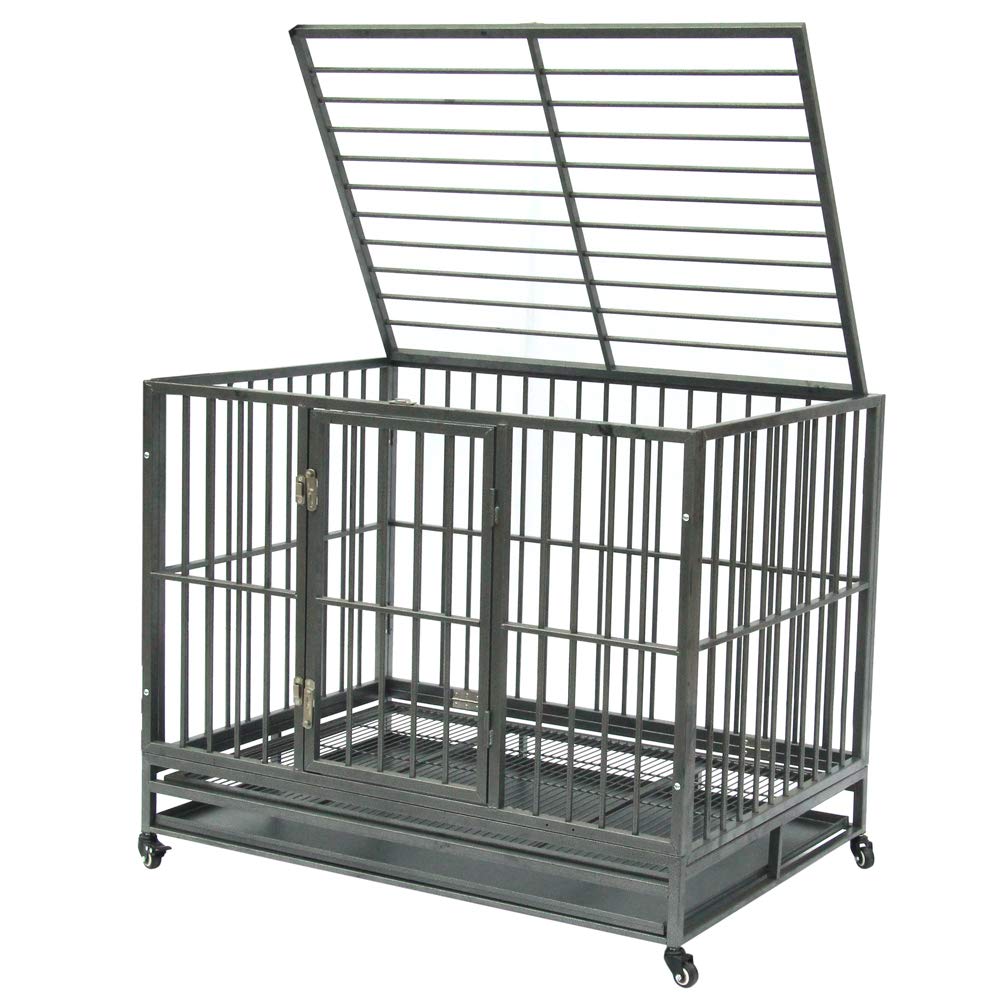 42 Inch Dog Crate, Folding Metal Pet Crate with Wheels, Double-Door Pets Homes with Double Latch, Kennel with Divider Panel, Square Tube Dog Crate Animal Cage, for Training Pet Supplies, Gray