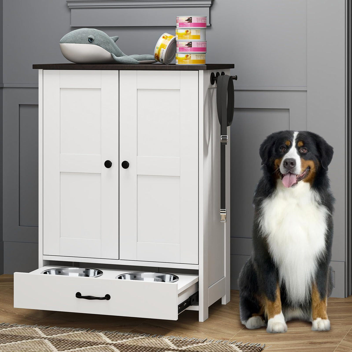 Rovibek Dog Food Storage Cabinet, Pet Feeding Station with Bowls, Adjustable Panel, Dog Feeding Station with Storage, Pet Feeder Station for Dogs Cats for Feeding & Watering Supplies, White