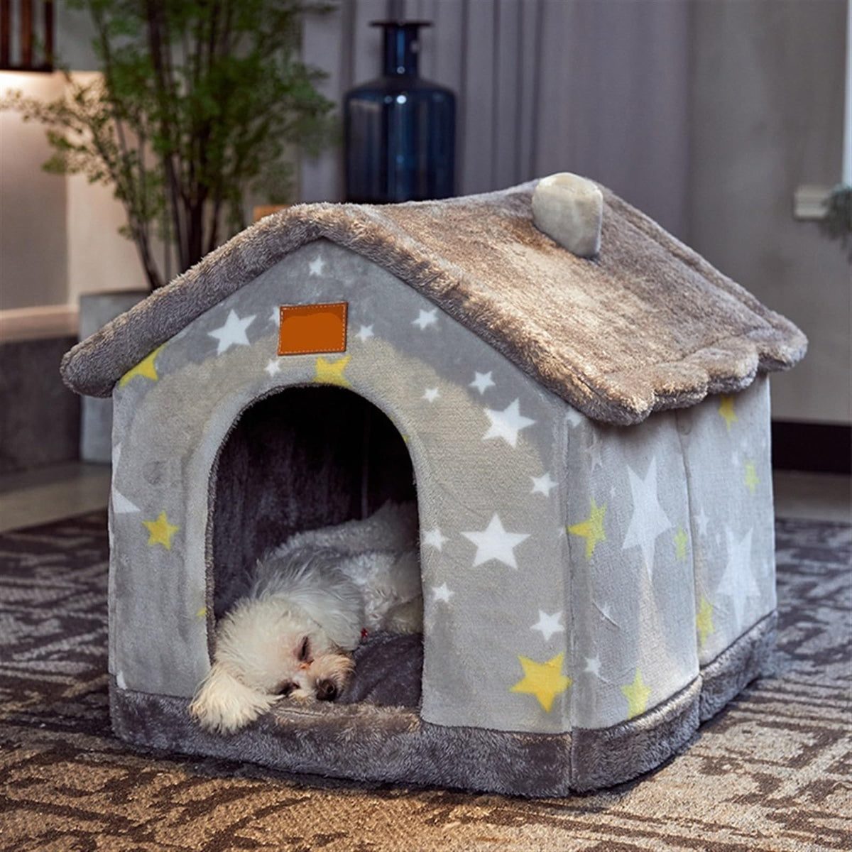 Pet Beds Dog House Dog Bed Pet Winter Small and Dogs Pet Supplies Puppy Cave Sofa (Color : Grey Stars, Size : M 48x40x39cm) (Grey Stars S 43x36x34cm)