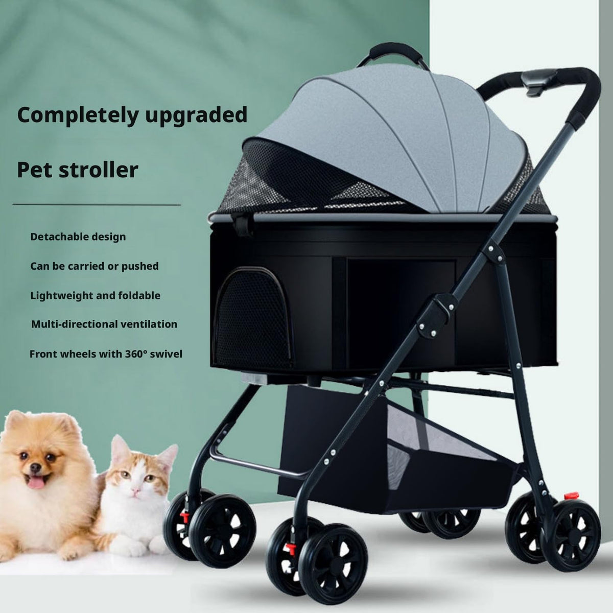Pet Stroller, Detachable, 4 Wheels, Lightweight, Suitable for Dogs and Cats, Foldable, Breathable, Pet Supplies