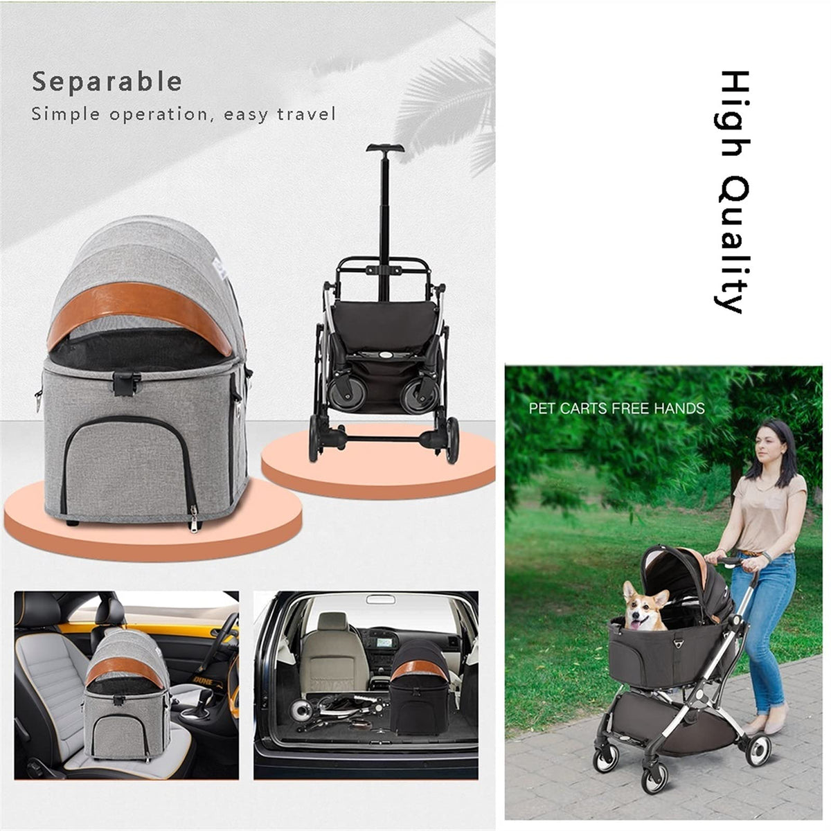 Premium Pet Stroller for Cats Dogs, Pet Strollers for Small Medium Dogs Separable Dog Pram Stroller Buggy Pushchairs Lightweight Folding Pet Stroller 4 Wheel Travel Supplies (Color : Grey)