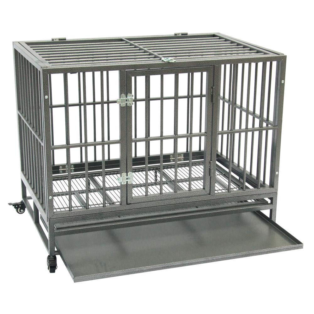 42 Inch Dog Crate, Folding Metal Pet Crate with Wheels, Double-Door Pets Homes with Double Latch, Kennel with Divider Panel, Square Tube Dog Crate Animal Cage, for Training Pet Supplies, Gray