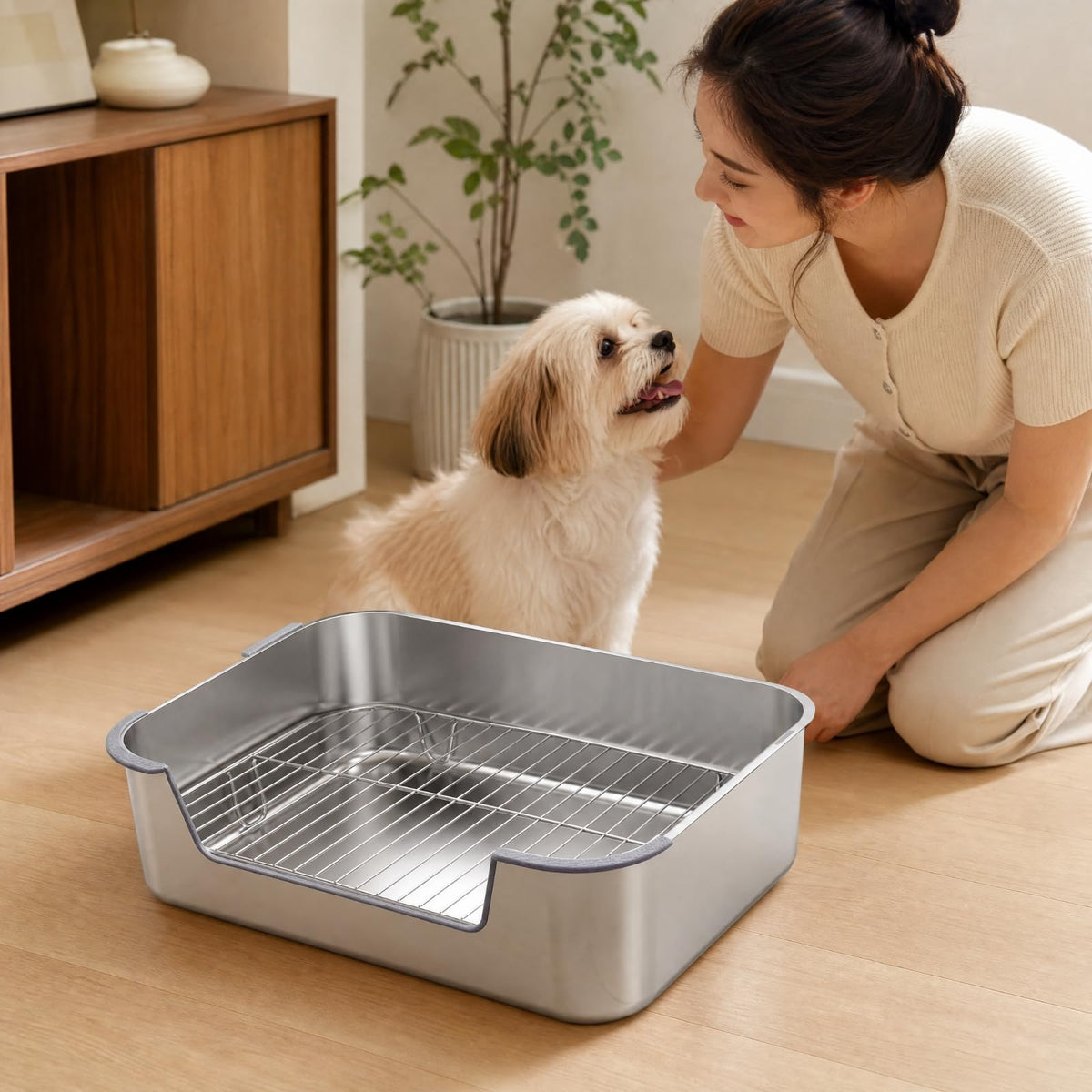 Stainless Metal Canine Potty Tray with Grate Indoor Dog Potty System with Grate Rust-Resistant Pet Supply for Young Dogs, Apartment, 50 35 20