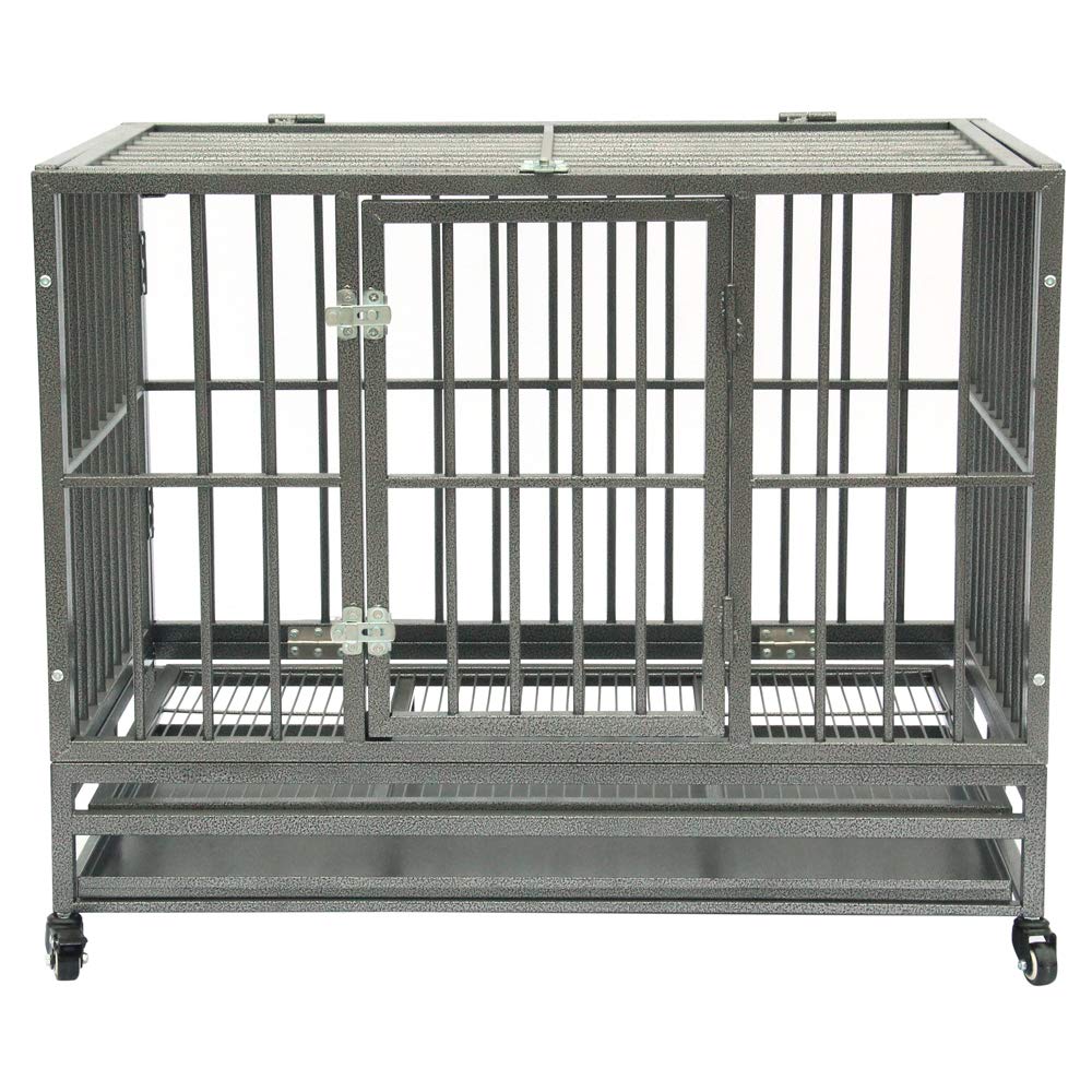 42 Inch Dog Crate, Folding Metal Pet Crate with Wheels, Double-Door Pets Homes with Double Latch, Kennel with Divider Panel, Square Tube Dog Crate Animal Cage, for Training Pet Supplies, Gray