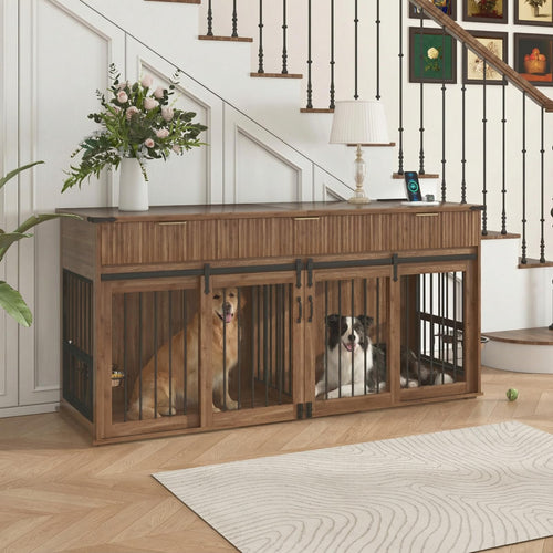 71" Double Dog Crate Furniture with 3 Drawers, Feeder & Charging Station
