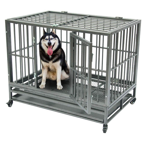 42 Inch Dog Crate, Folding Metal Pet Crate with Wheels, Double-Door Pets Homes with Double Latch, Kennel with Divider Panel, Square Tube Dog Crate Animal Cage, for Training Pet Supplies, Gray