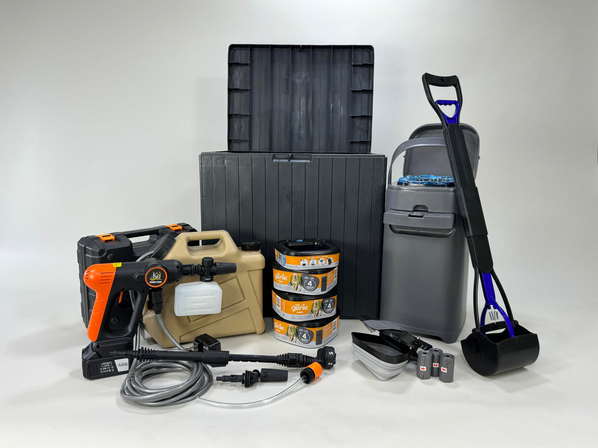 Ultimat Pet Genie Waste Management Kit - Tall & Portable Scoops, 1 Year Supply of Pet Genie Refills, Bag Dispenser, Powerful Cordless Pressure Washer, 10 Eco Waste Bags for Pet Waste. All-in-One.