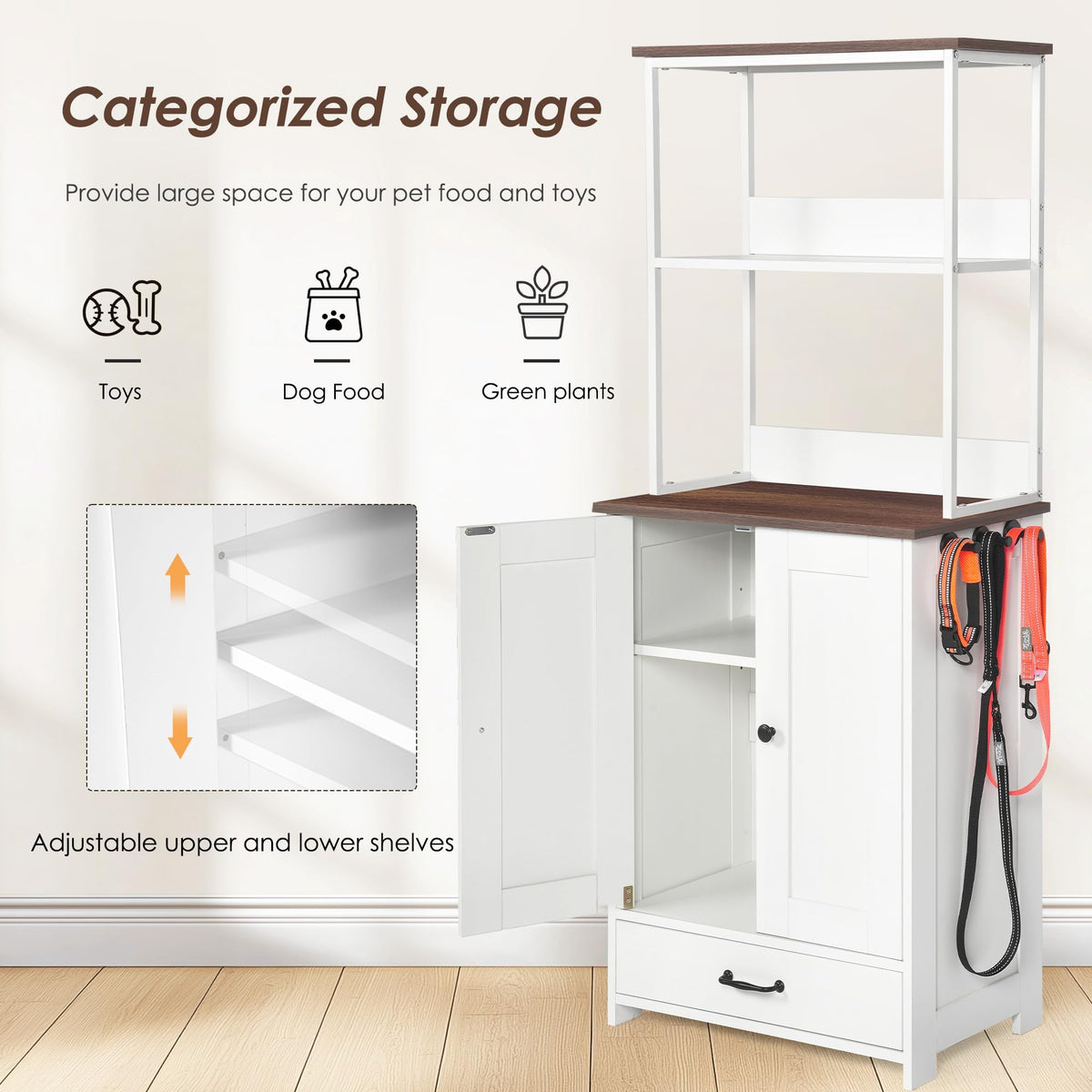 Pet Feeding Station with Pull Out Bowls, Adjustable Shelves, Enclosed Cabinet, Side Hooks, Anti Tip Kit, Raised Feeder Furniture for Dogs Cats, Organizer Storage Rack, Water Food Supply Stand