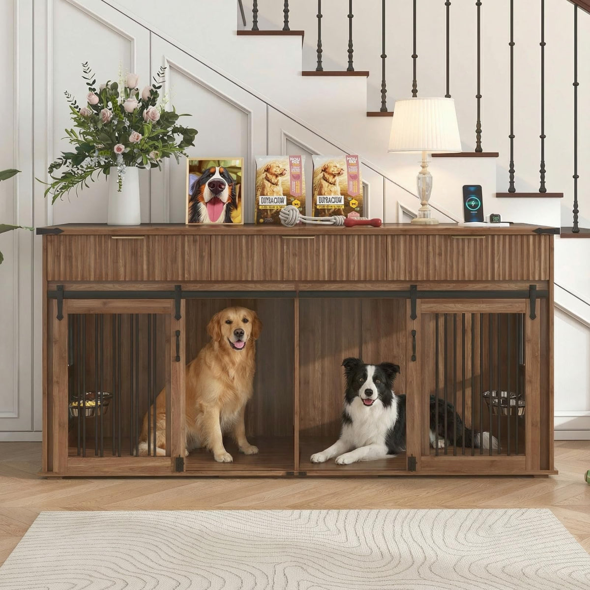 71" Double Dog Crate Furniture with 3 Drawers, Feeder & Charging Station