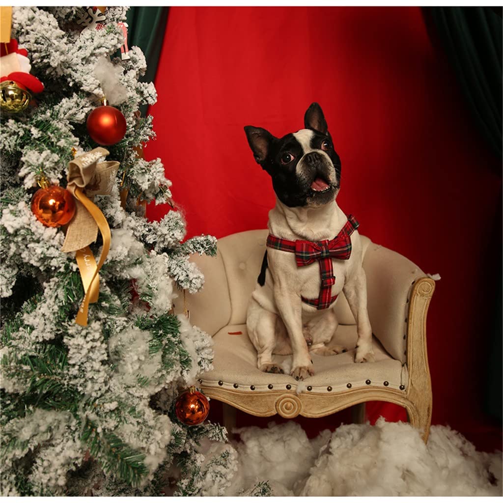 Cotton Red Plaid Christmas Dog Harness with Bowtie and Basic Leash Adjustable Buckle Pet Supplies