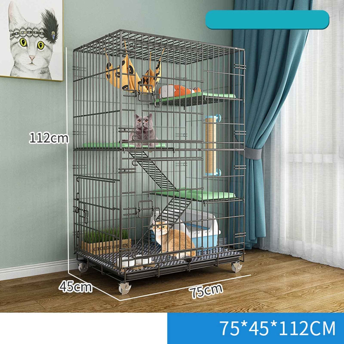 Indoor Large Pet Crate Detachable Extra Large Cat Cages, Cat House in Pet Supplies with Cat Litter Tray, Pet Playpen, Folding Extra Large Free Space, Easy to Install (Size : 75x45x112cm-Black)