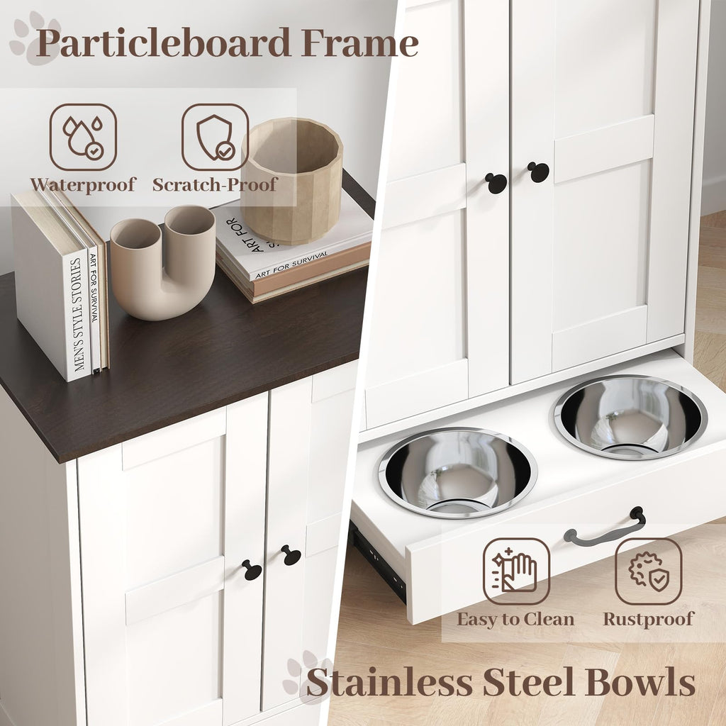 Rovibek Dog Food Storage Cabinet, Pet Feeding Station with Bowls, Adjustable Panel, Dog Feeding Station with Storage, Pet Feeder Station for Dogs Cats for Feeding & Watering Supplies, White