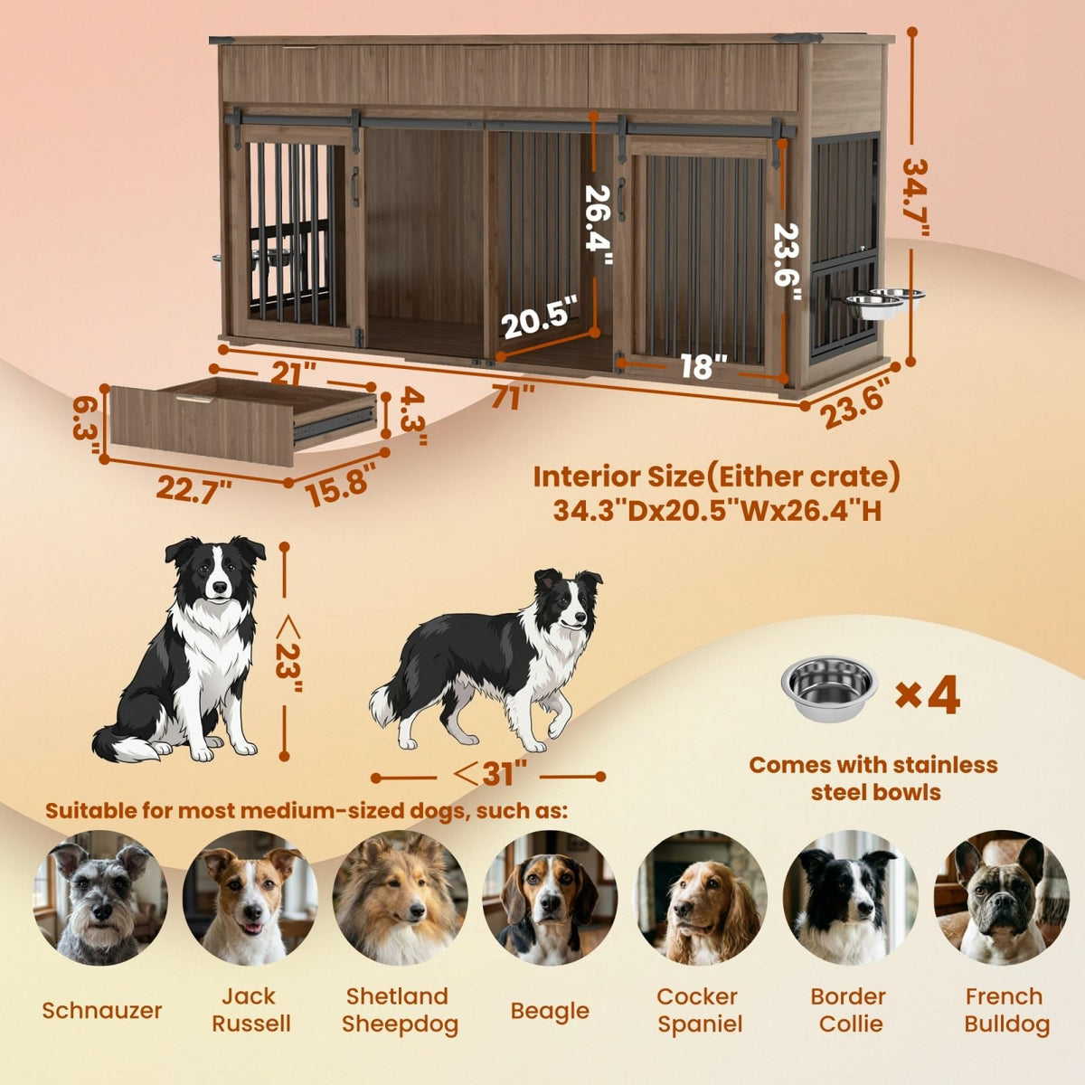 71" Double Dog Crate Furniture with 3 Drawers, Feeder & Charging Station