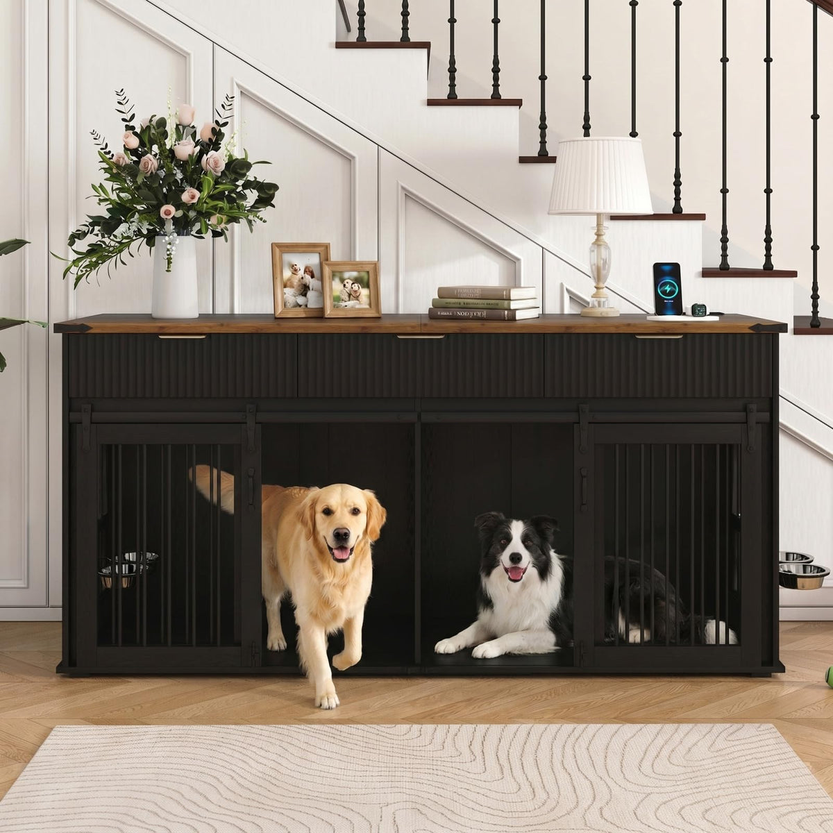 71" Double Dog Crate Furniture with 3 Drawers, Feeder & Charging Station