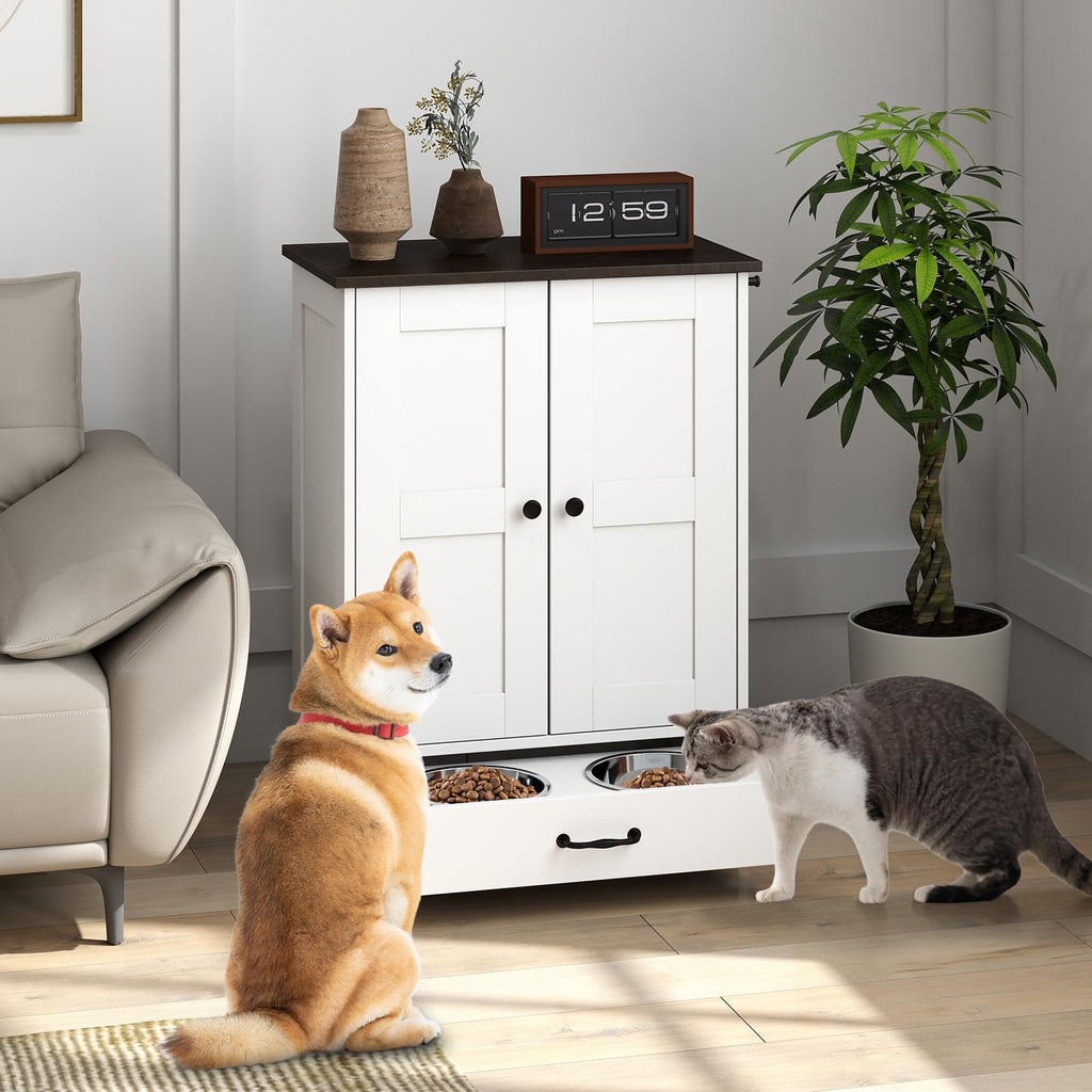 Rovibek Dog Food Storage Cabinet, Pet Feeding Station with Bowls, Adjustable Panel, Dog Feeding Station with Storage, Pet Feeder Station for Dogs Cats for Feeding & Watering Supplies, White