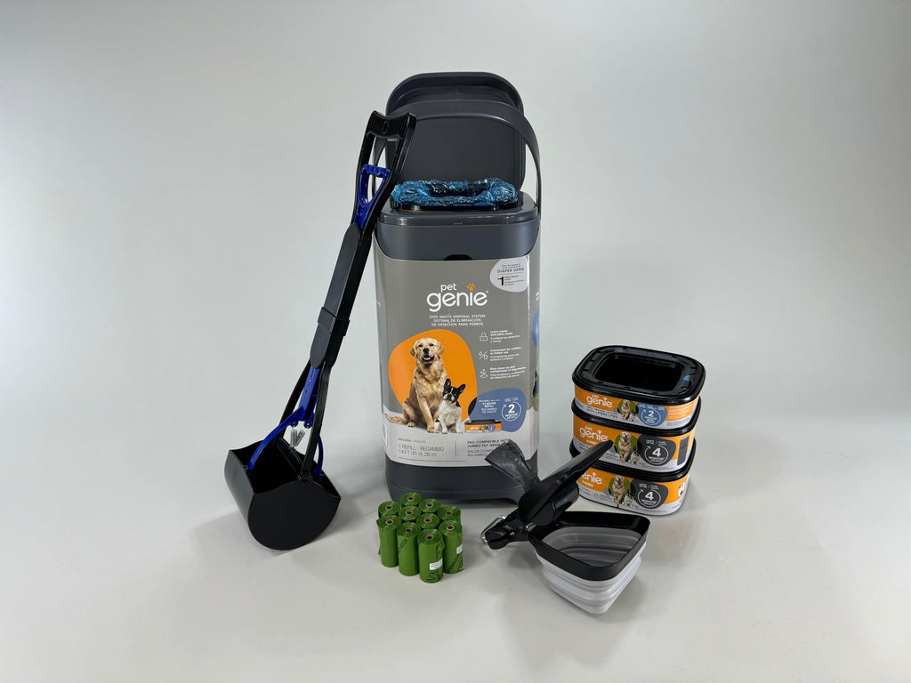 Ultimat Pet Genie Waste Management Kit - Tall & Portable Scoops, 1 Year Supply of Pet Genie Refills, Bag Dispenser, Powerful Cordless Pressure Washer, 10 Eco Waste Bags for Pet Waste. All-in-One.