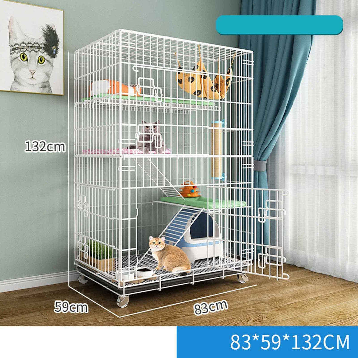 Indoor Large Pet Crate Detachable Extra Large Cat Cages, Cat House in Pet Supplies with Cat Litter Tray, Pet Playpen, Folding Extra Large Free Space, Easy to Install (Size : 83X59X132cm-white)