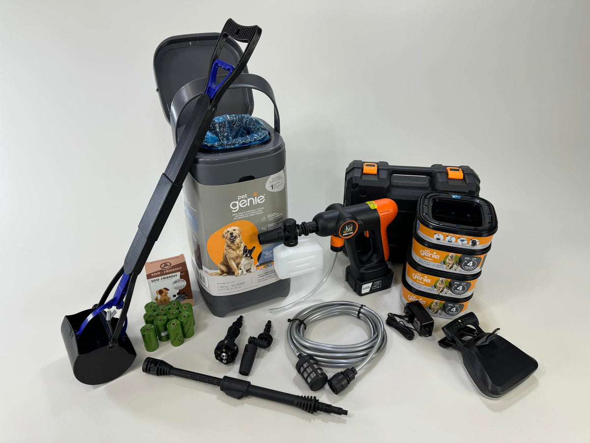 Ultimat Pet Genie Waste Management Kit - Tall & Portable Scoops, 1 Year Supply of Pet Genie Refills, Bag Dispenser, Powerful Cordless Pressure Washer, 10 Eco Waste Bags for Pet Waste. All-in-One.