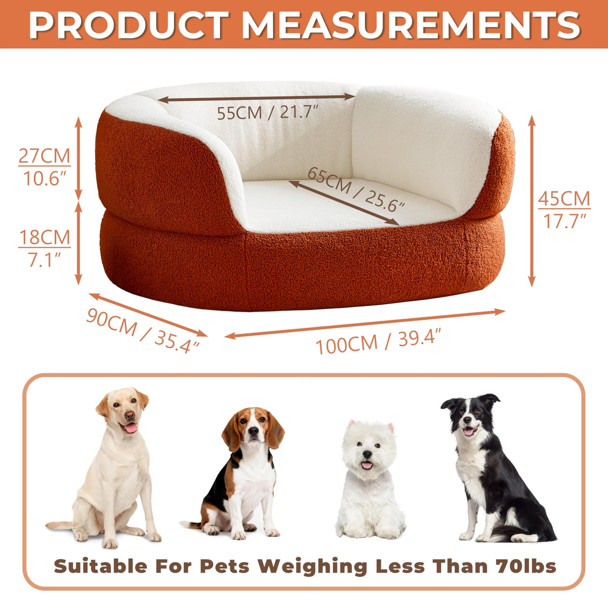 39.4" Orange Large Dog Couch Bed for Large Dogs Under 80lbs, X-Large