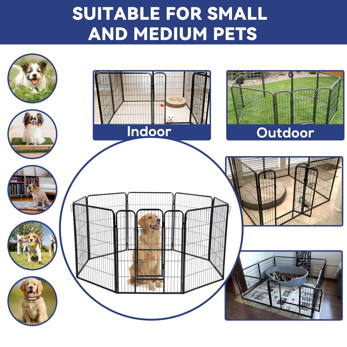 Dog Fence, 8 Panels 40" H Foldable Dog Playpen, Exercise Heavy Duty Metal Dog cage for Yard, Lockable Double Door Pet Fence Indoor Outdoor Dog Pen for Large Medium Small Animals pet Supplies