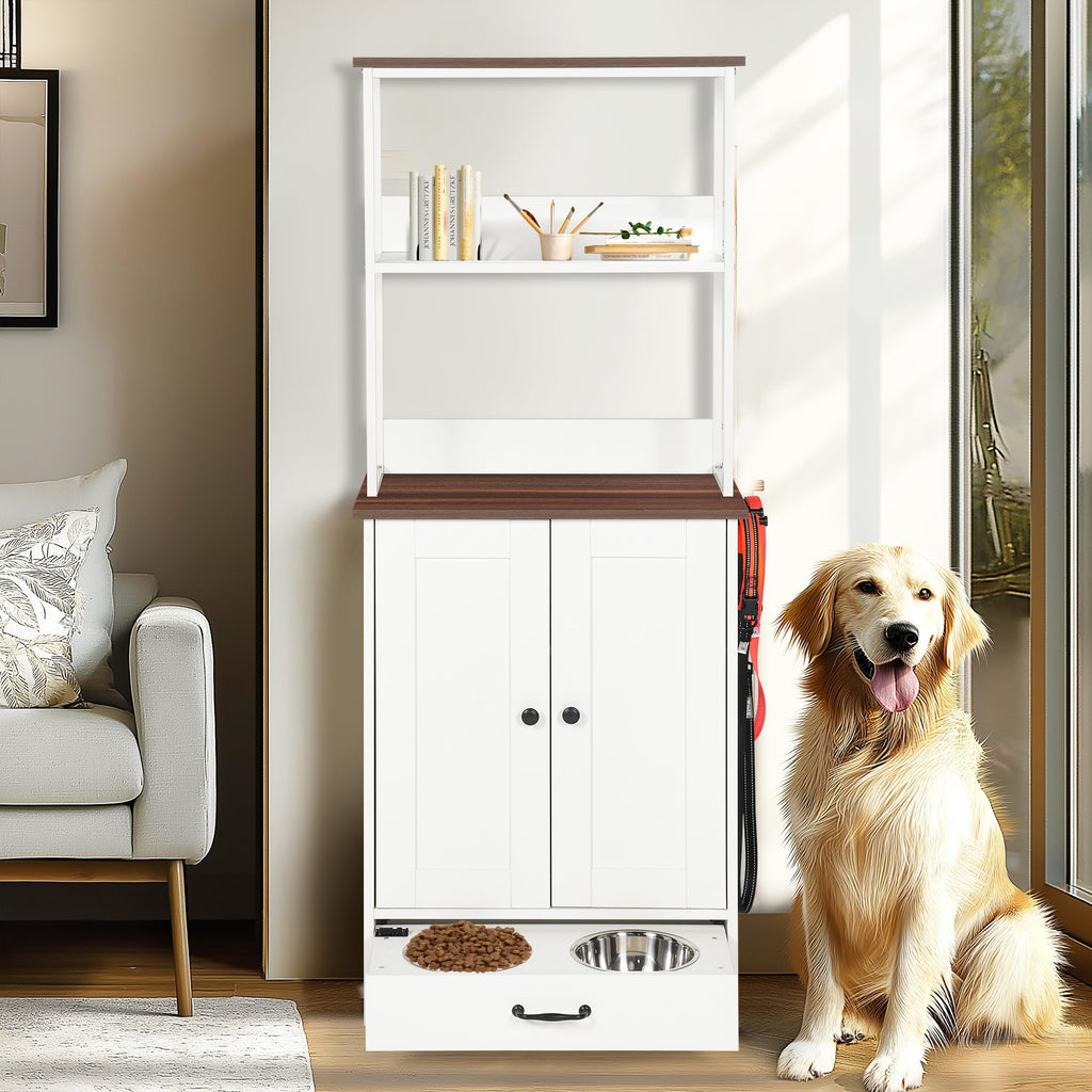 Pet Feeding Station with Pull Out Bowls, Adjustable Shelves, Enclosed Cabinet, Side Hooks, Anti Tip Kit, Raised Feeder Furniture for Dogs Cats, Organizer Storage Rack, Water Food Supply Stand