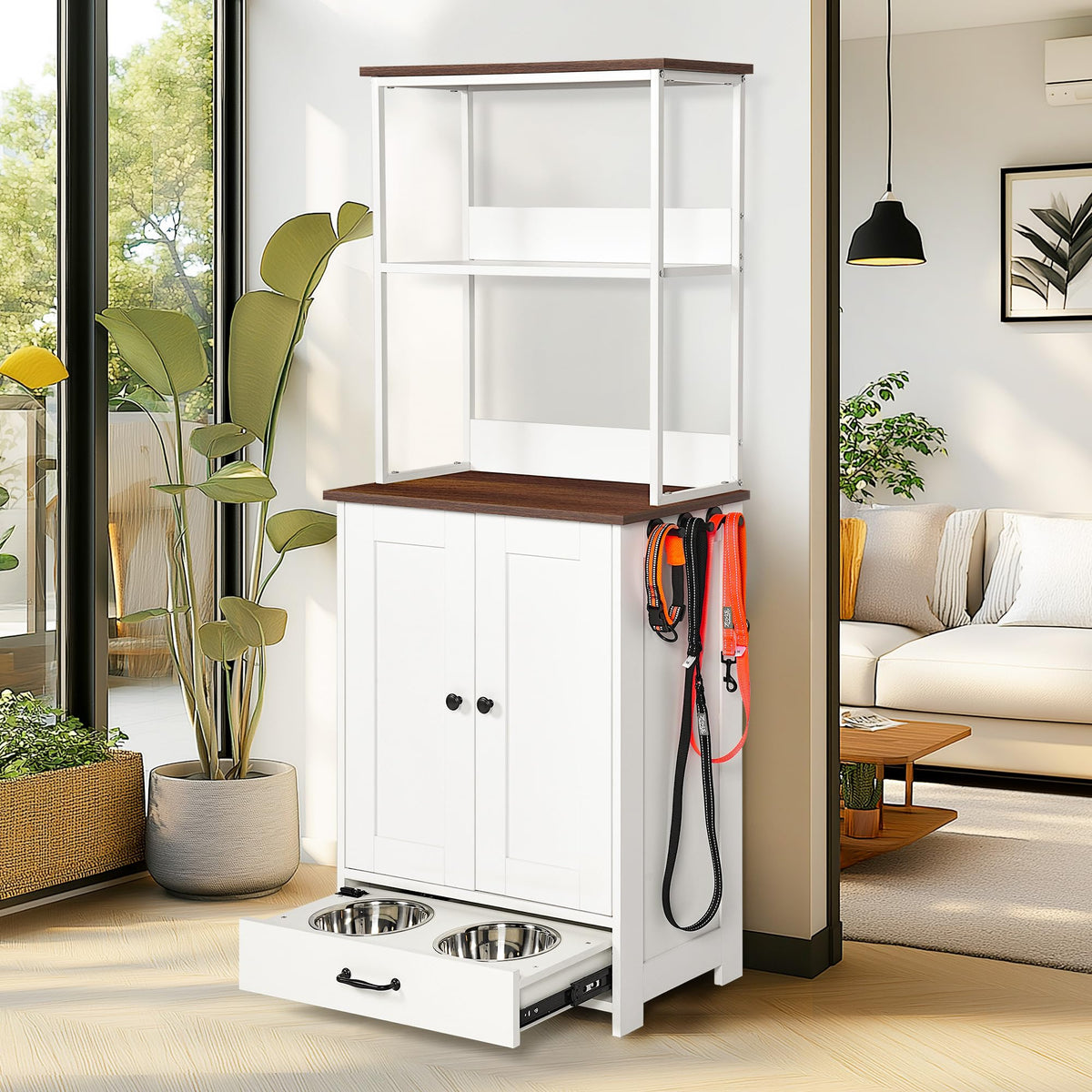 Pet Feeding Station with Pull Out Bowls, Adjustable Shelves, Enclosed Cabinet, Side Hooks, Anti Tip Kit, Raised Feeder Furniture for Dogs Cats, Organizer Storage Rack, Water Food Supply Stand