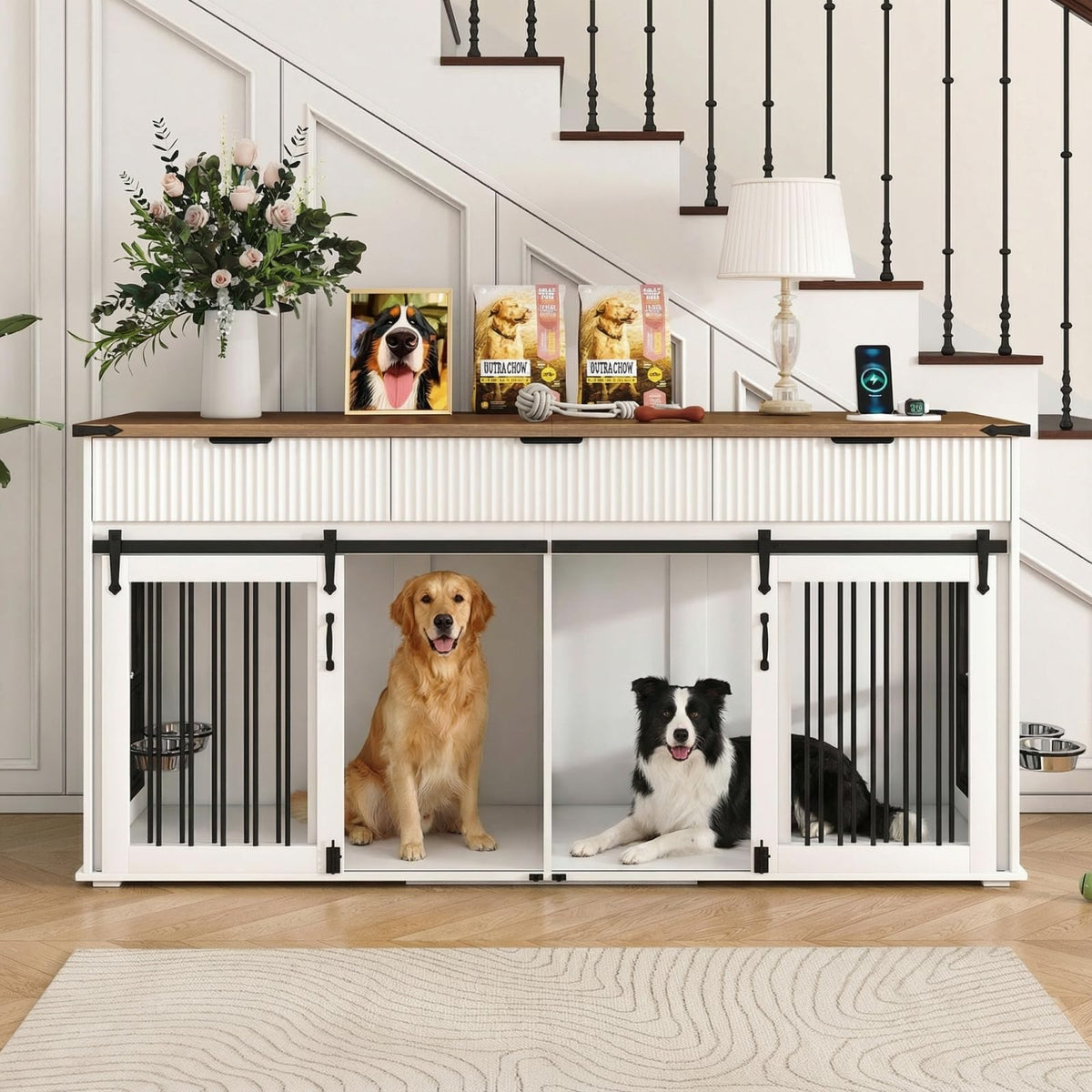 71" Double Dog Crate Furniture with 3 Drawers, Feeder & Charging Station