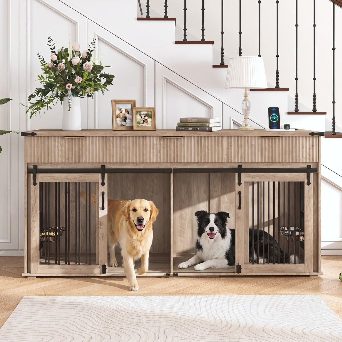 71" Double Dog Crate Furniture with 3 Drawers, Feeder & Charging Station